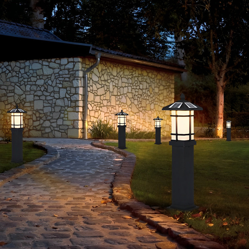 Solar-Powered LED Bollard Lights with Asian-Inspired Design for Modern Outdoor Spaces