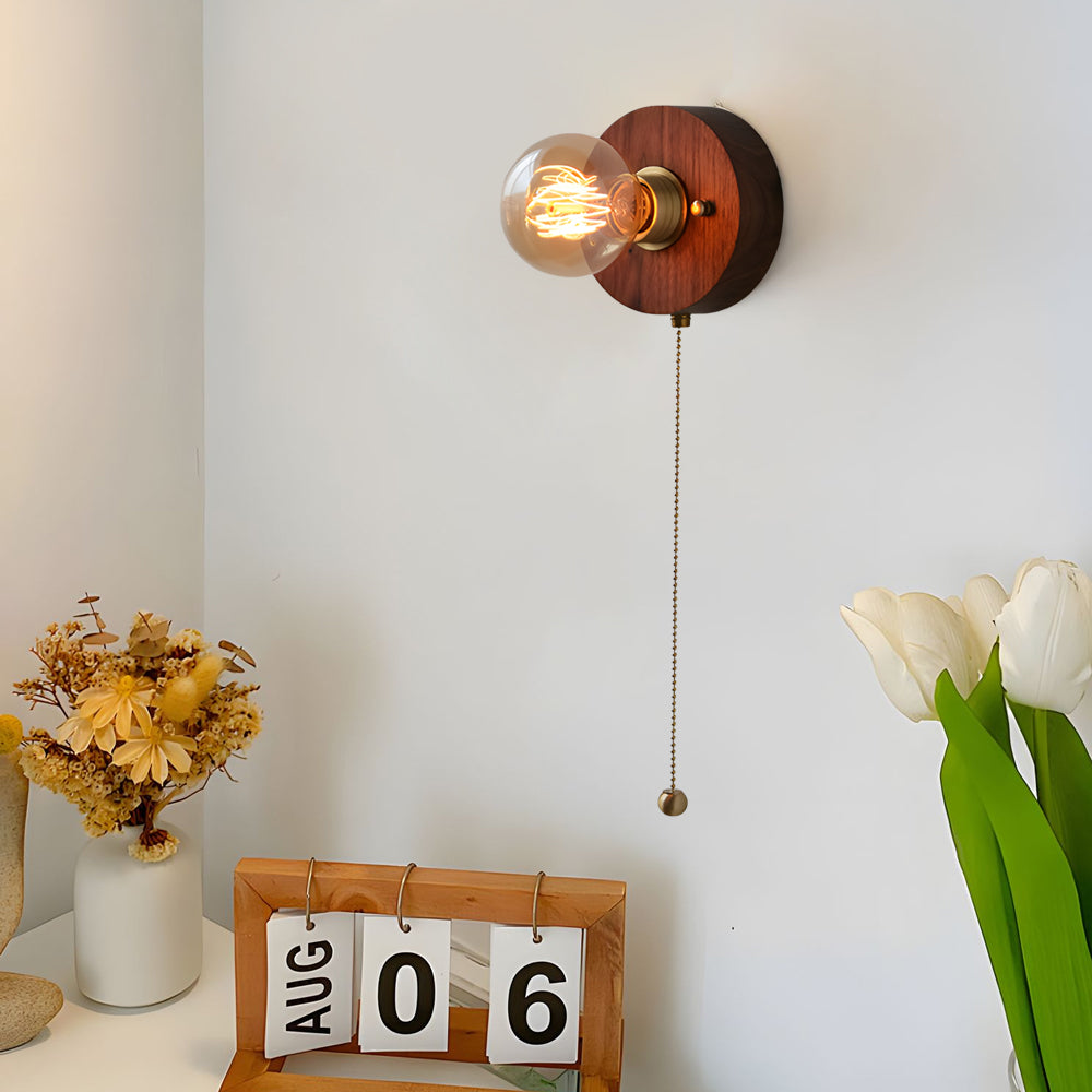 Round Square Vintage Walnut Wood Wall Lamp 1 Light With Pull Chain Switch