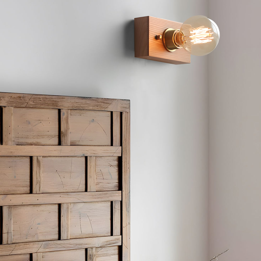 Round Square Vintage Walnut Wood Wall Lamp 1 Light With Pull Chain Switch