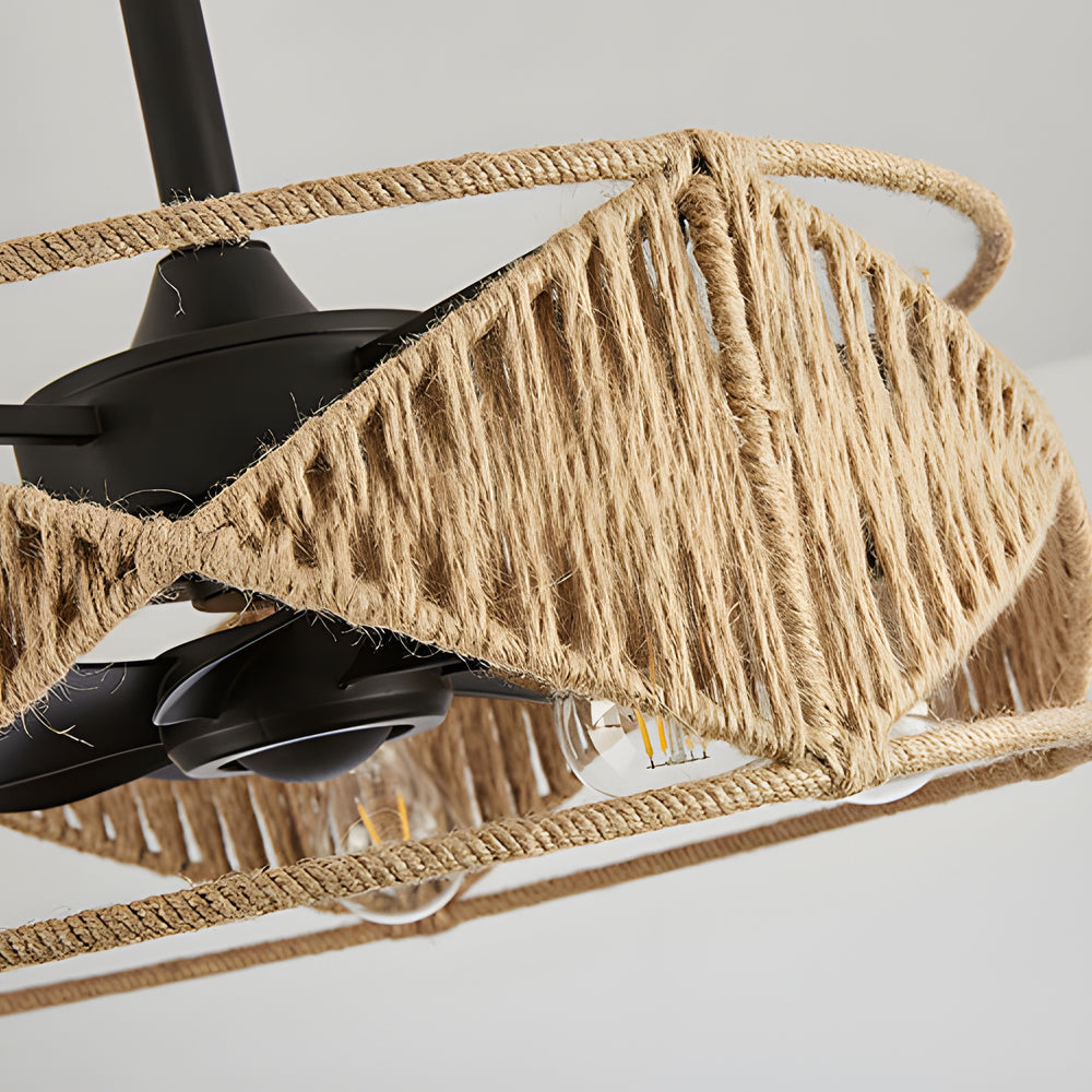 20 In Hemp Rope Woven Caged Ceiling Fan With Light And Remote 6 Speed