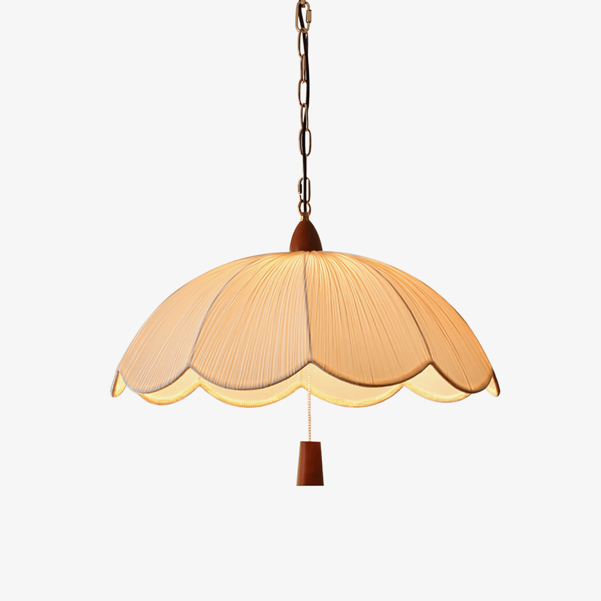Belle Bloom Fabric Pendant Light with Walnut Accent, Scalloped Pleated Shade