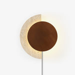 Crescent Halo Plug-In Wall Sconce in Natural Travertine and Wood