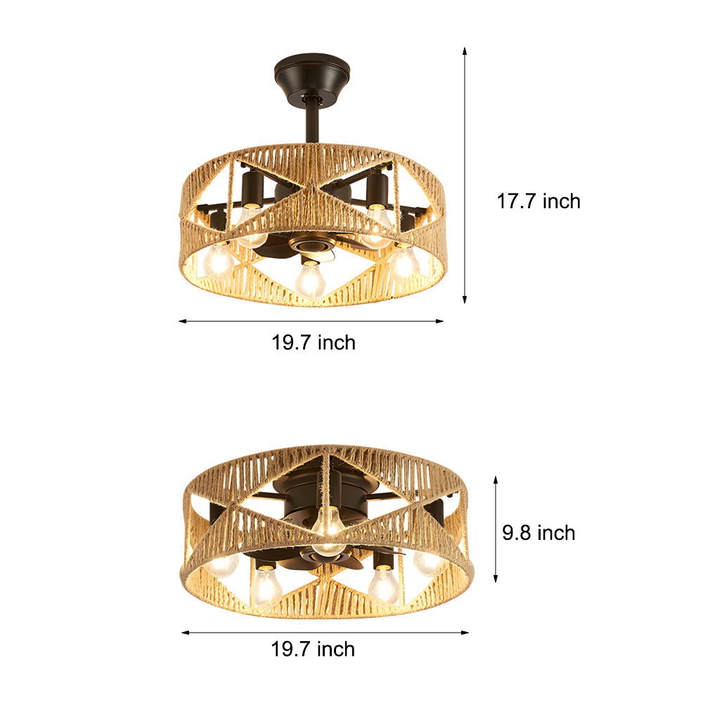 20 In Hemp Rope Woven Caged Ceiling Fan With Light And Remote 6 Speed