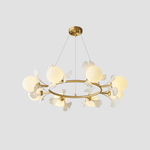 Gingko Orb Brass Chandelier with Porcelain Leaves and Glass Globes