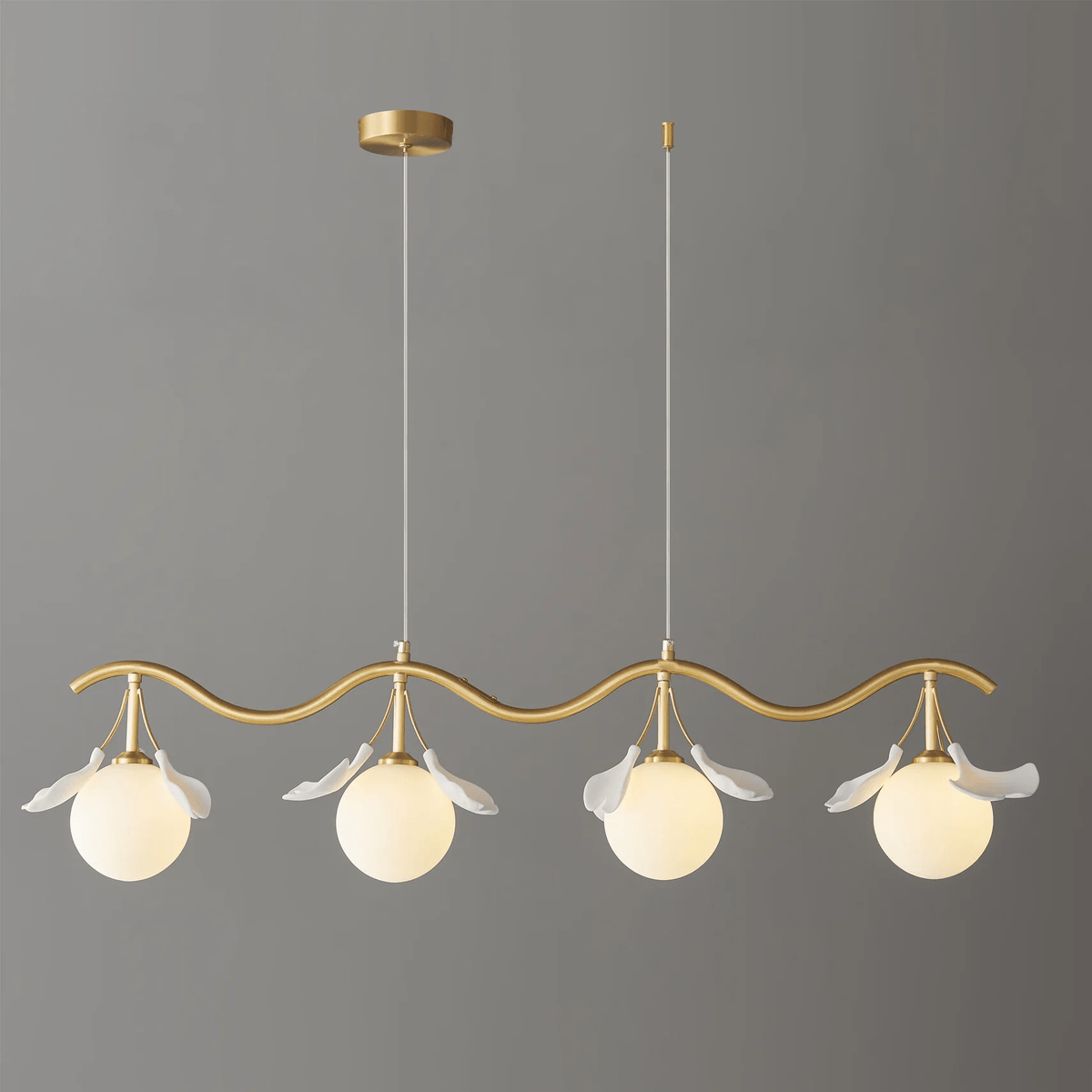 Gingko Orb Brass Chandelier with Porcelain Leaves and Glass Globes