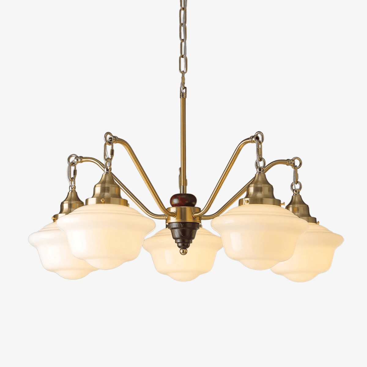 Marquette Modern Gold Chandelier with Frosted Glass Globes and Wood Accents