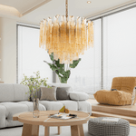 Amber Glass Chandelier with Brass Chain – Modern Luxury Lighting for Dining and Living Spaces