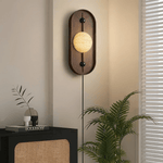 Bezel Alabaster Plug-In Wall Sconce with Walnut Accent