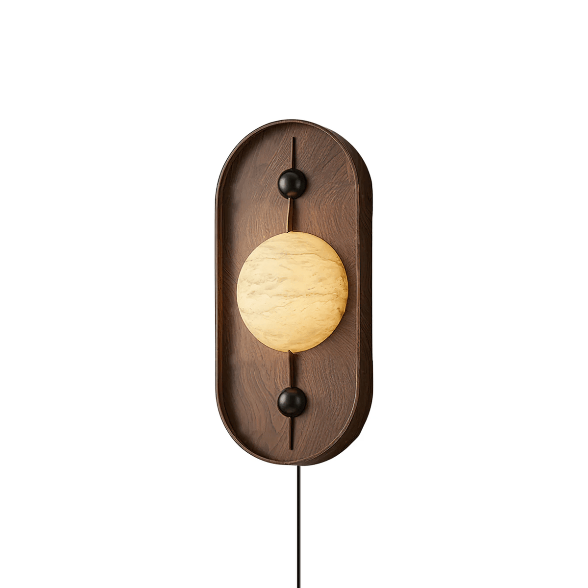 Bezel Alabaster Plug-In Wall Sconce with Walnut Accent