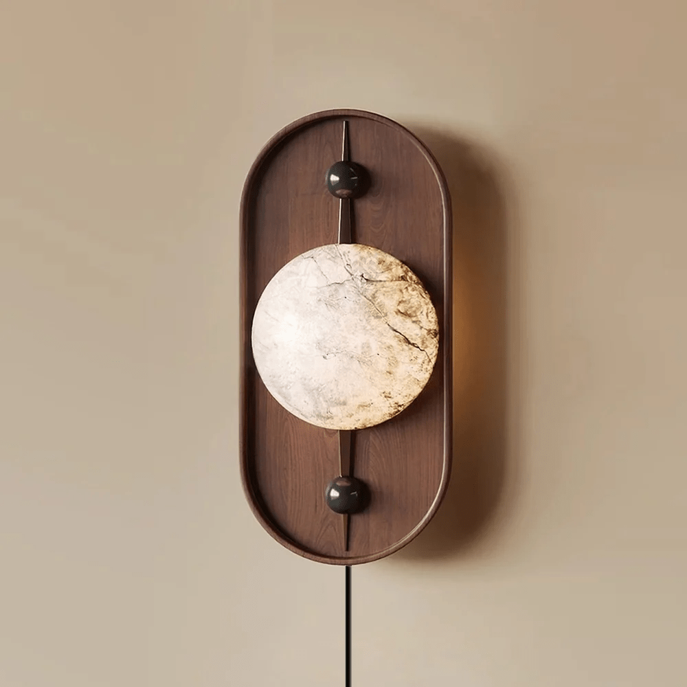 Bezel Alabaster Plug-In Wall Sconce with Walnut Accent