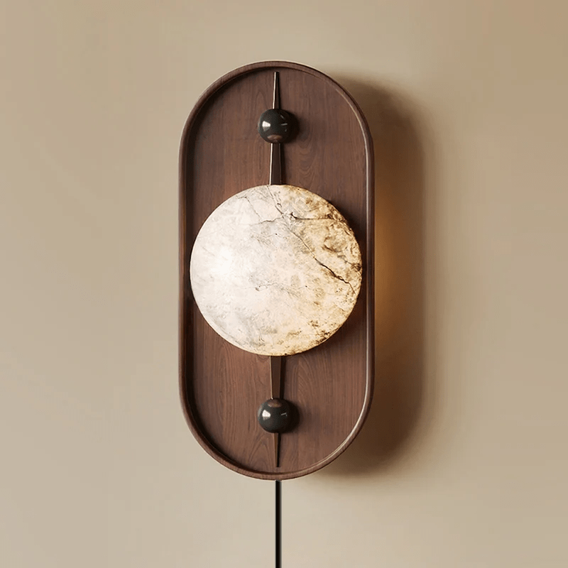 Bezel Alabaster Plug-In Wall Sconce with Walnut Accent