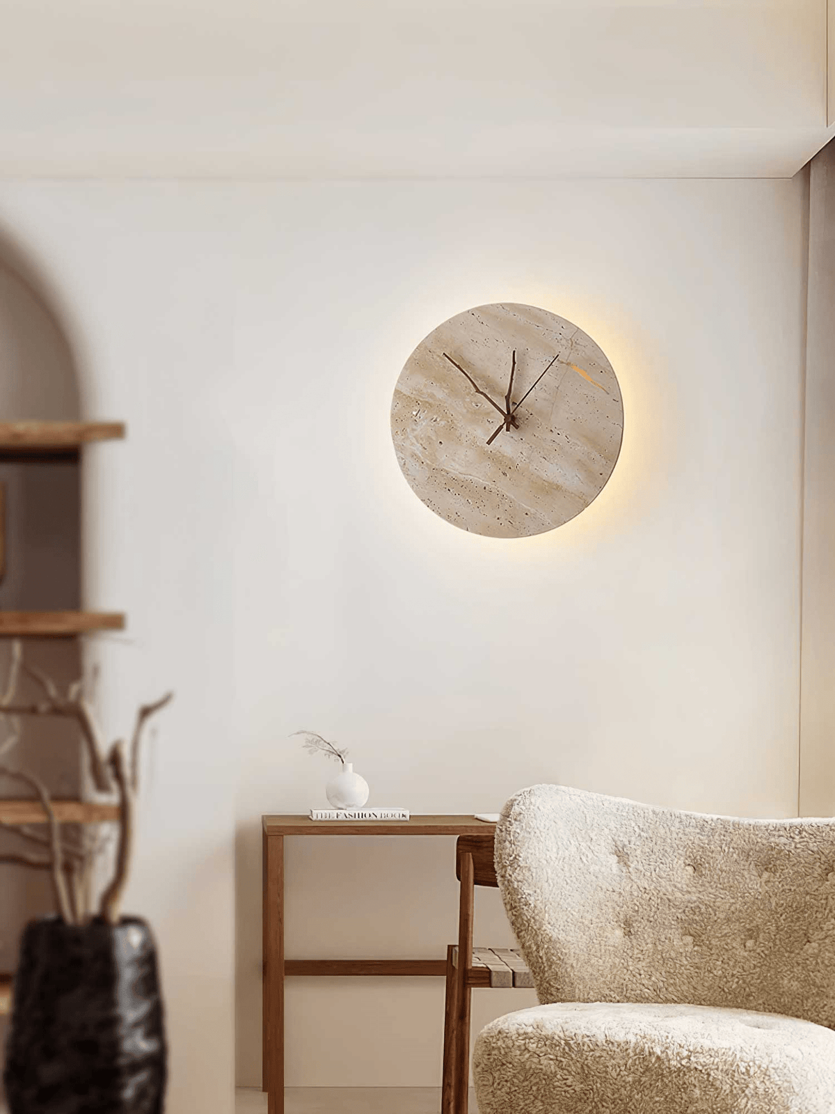 Travertine Wall Sconce with Integrated Clock – Modern Stone LED Wall Light