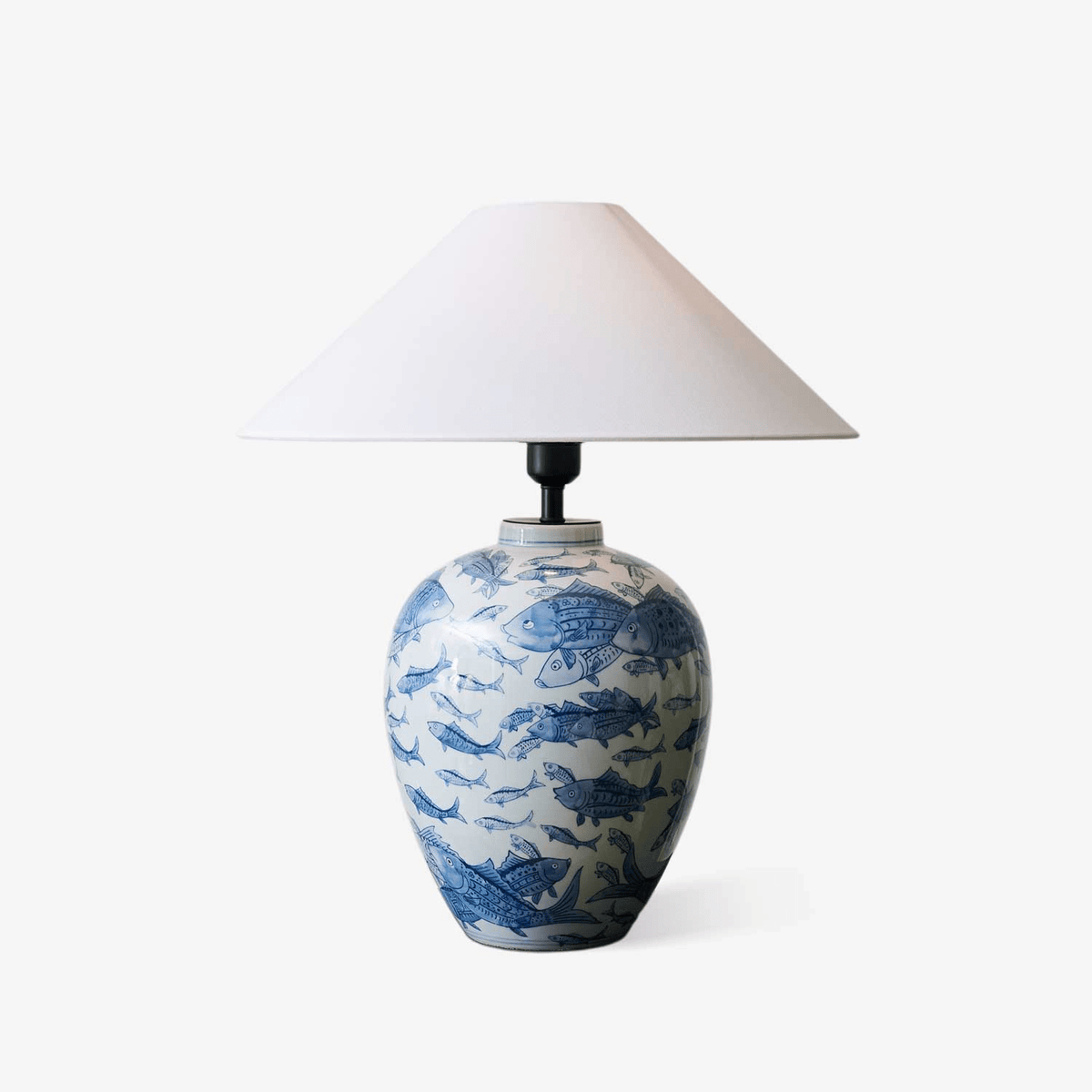 Marina Porcelain Table Lamp with Hand-Painted Fish Motif and Linen Shade
