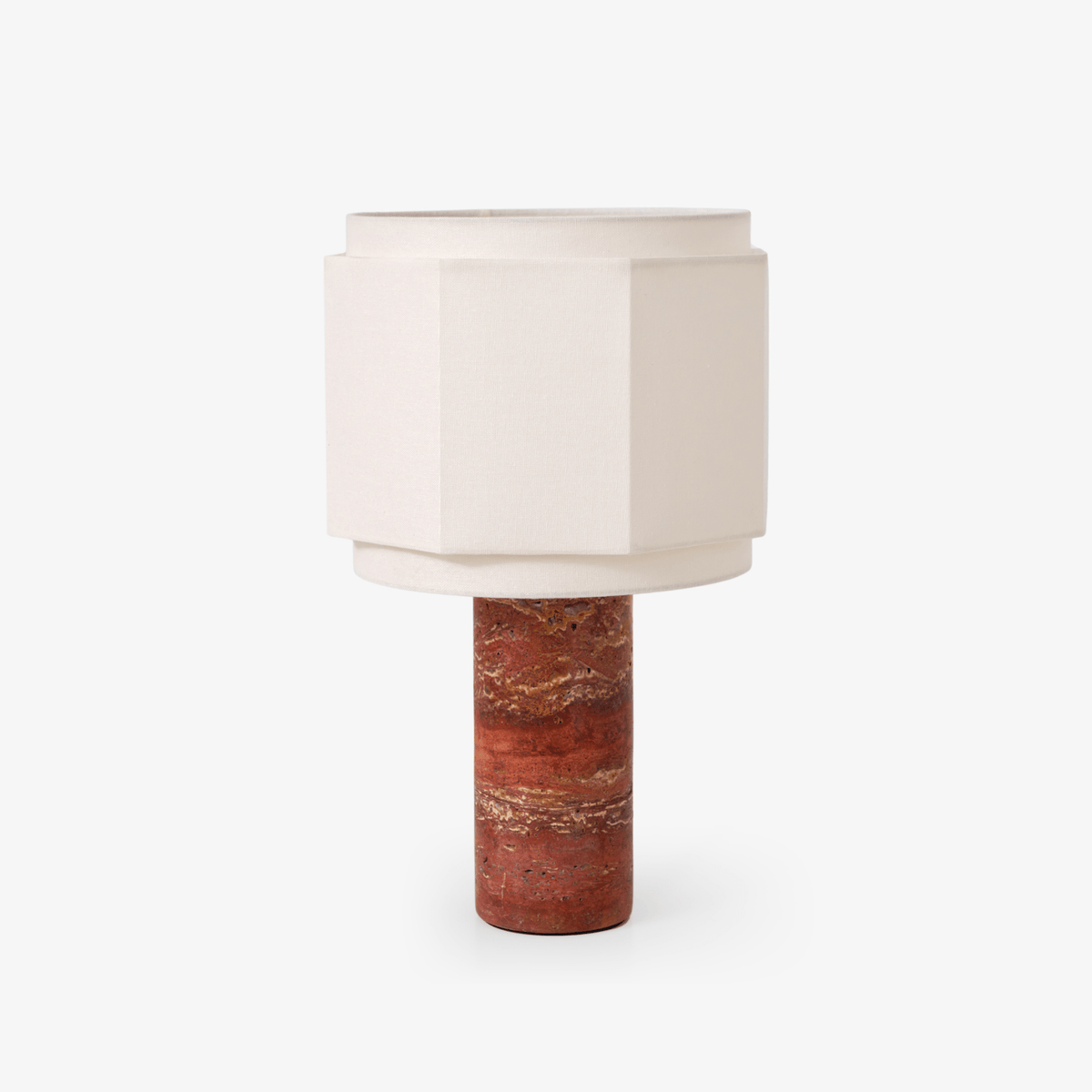 Terra Hexa Table Lamp – Red Travertine & Fabric Hexagonal Shade
