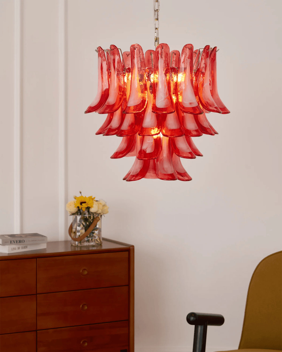 Crimson Glass Petals Chandelier – Murano Style Modern Chandelier for Dining Room and Living Room