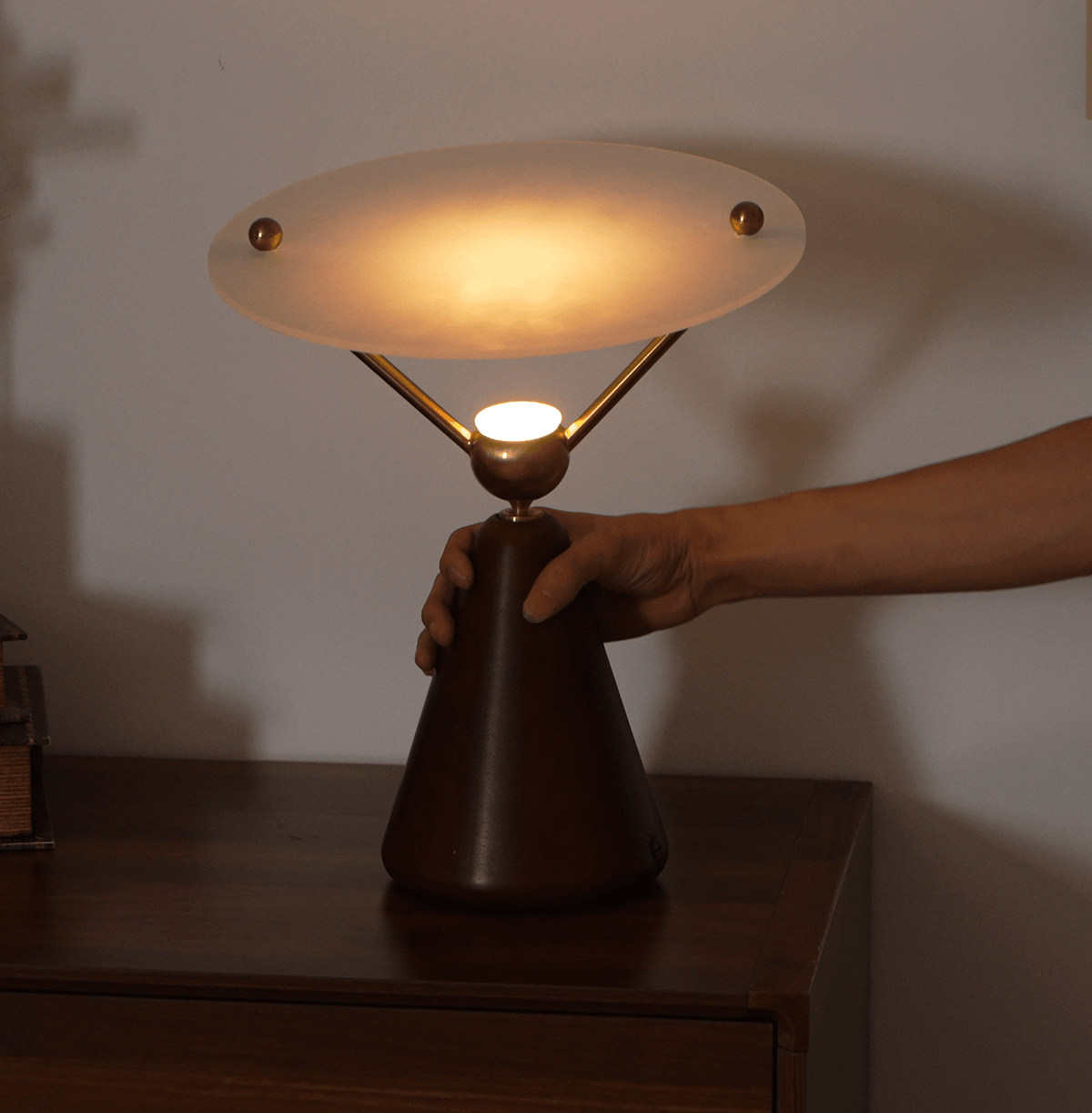 Equoray Sculptural Table Lamp with Walnut Base and Gold Accents