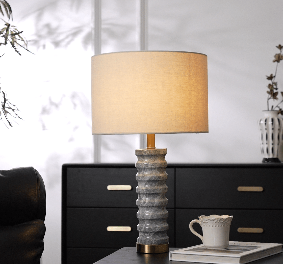 Rivara Stone Table Lamp – Sculptural Marble Base with Linen Shade