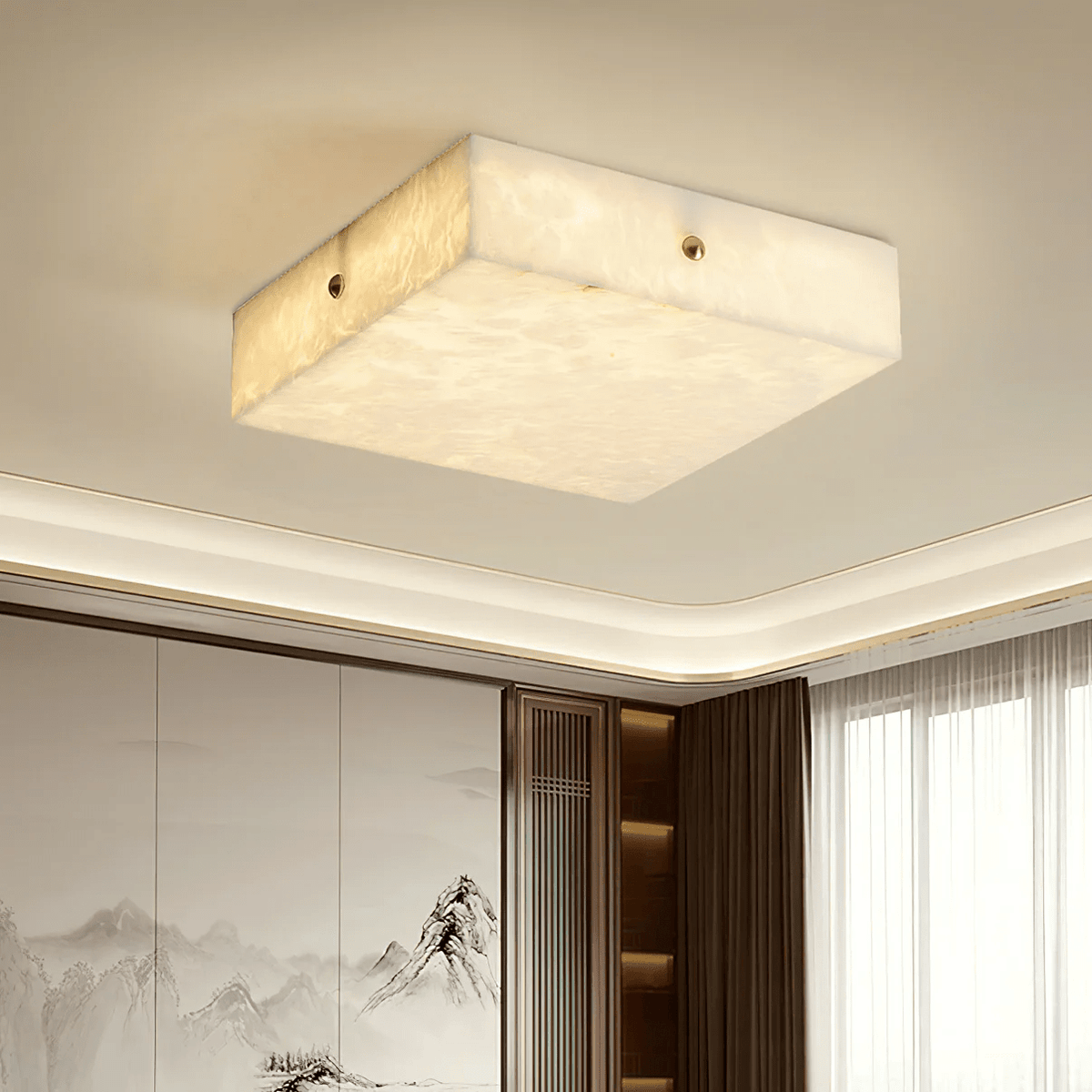 Square Alabaster Ceiling Light – Modern Flush Mount with Brass Accents