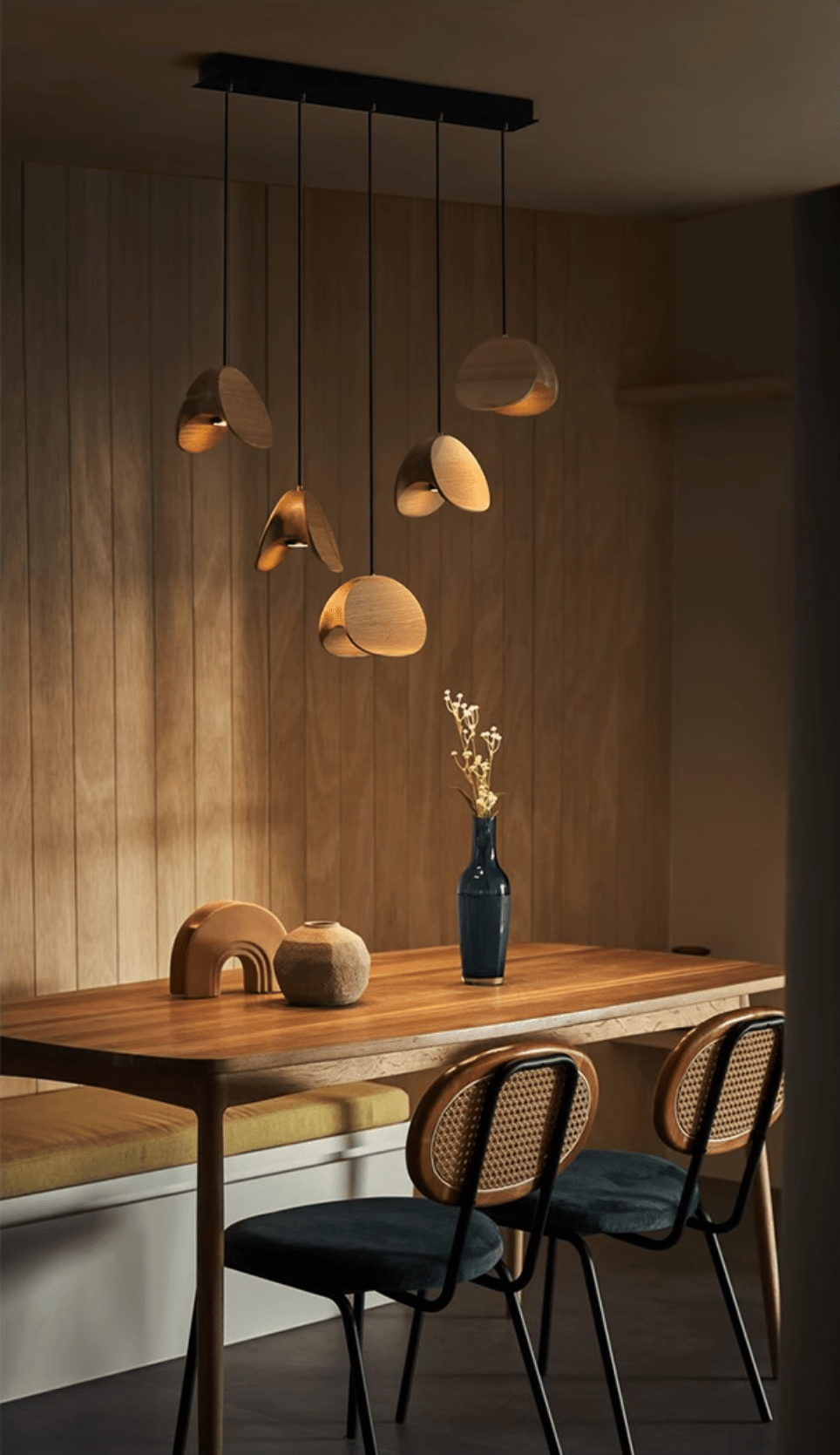Orbit Fold Wood Pendant Light – Modern Nordic LED Hanging Lamp for Dining and Kitchen