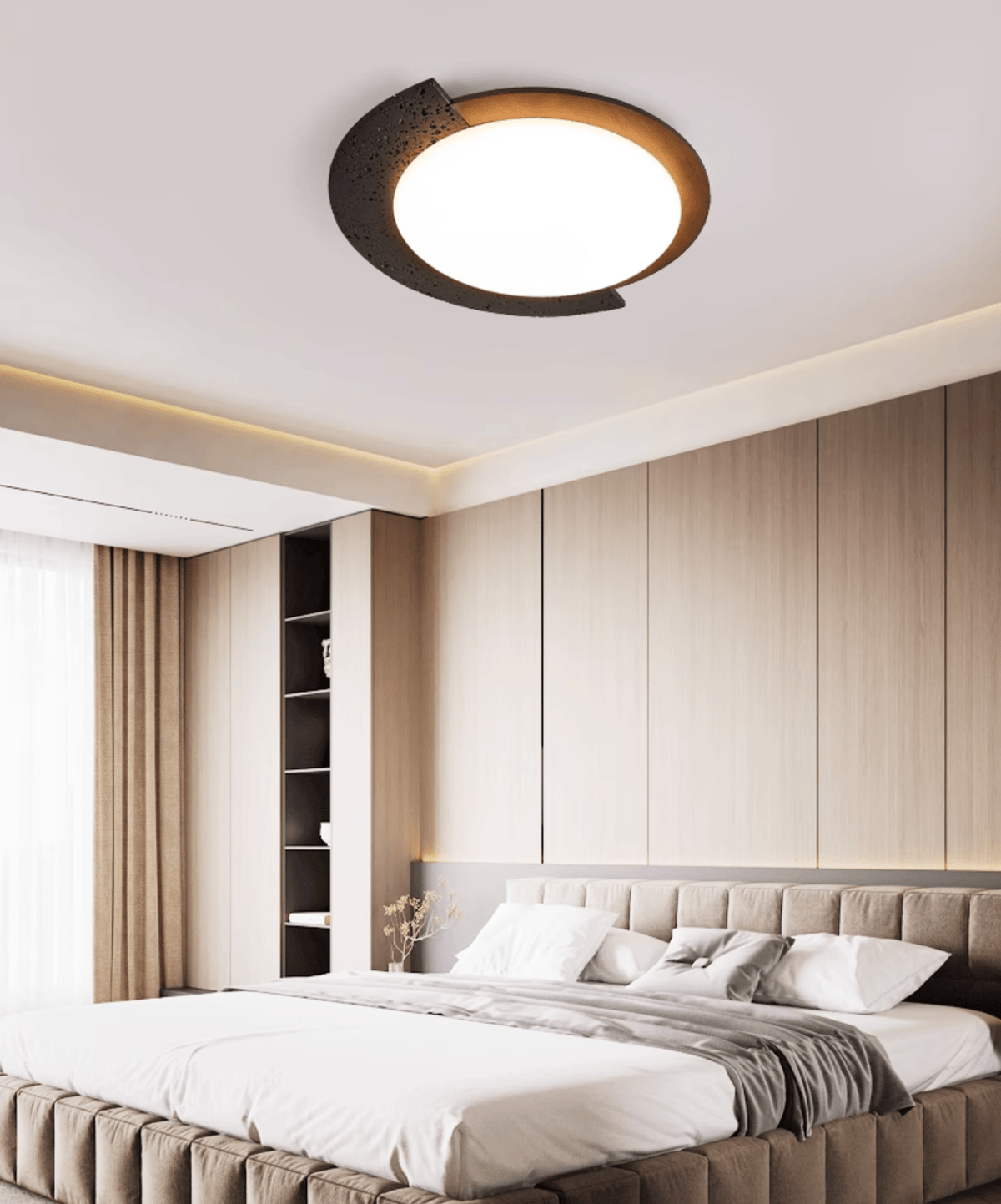 Black Travertine Ceiling Light with Walnut Accent – Modern Flush Mount LED