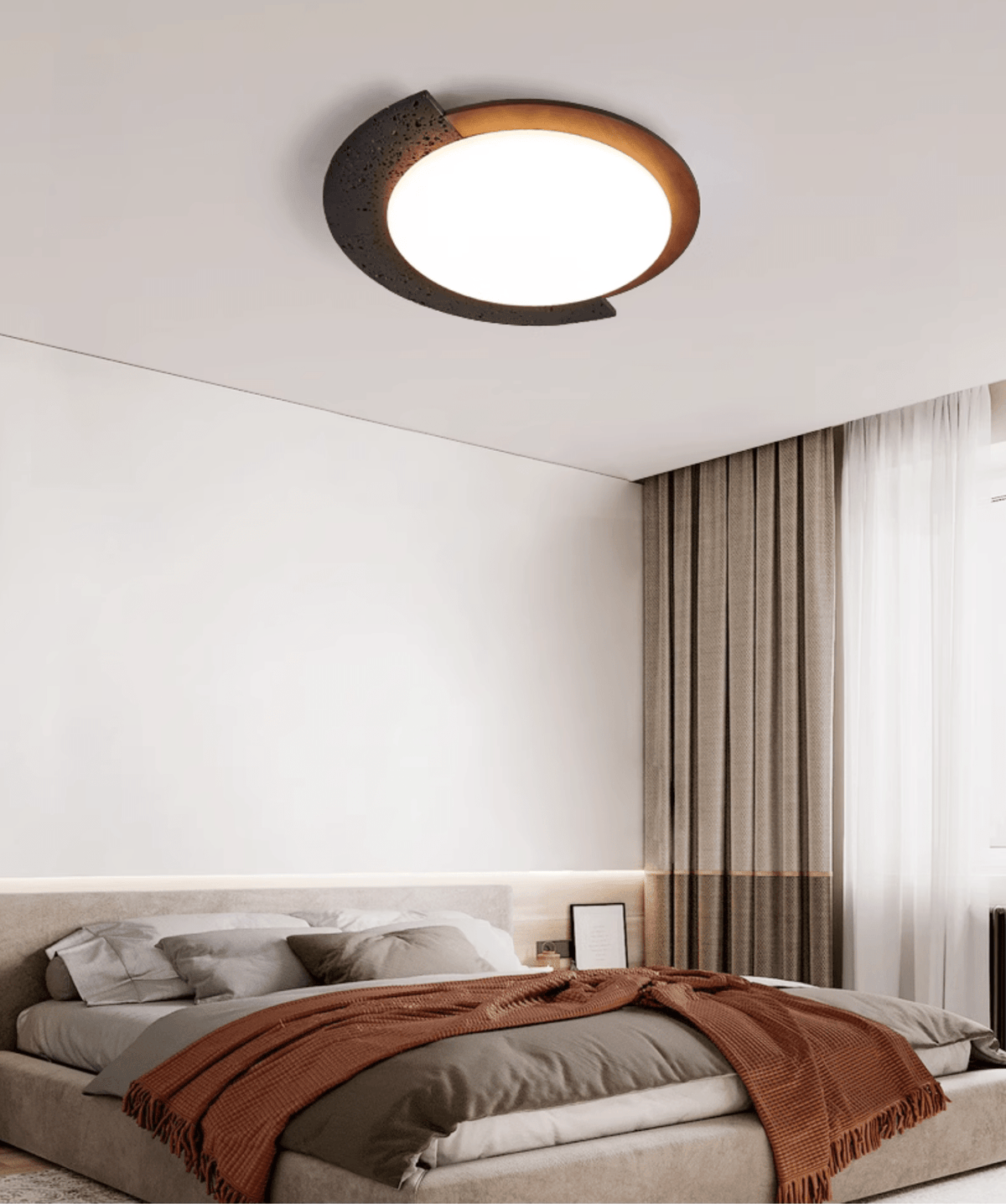 Black Travertine Ceiling Light with Walnut Accent – Modern Flush Mount LED