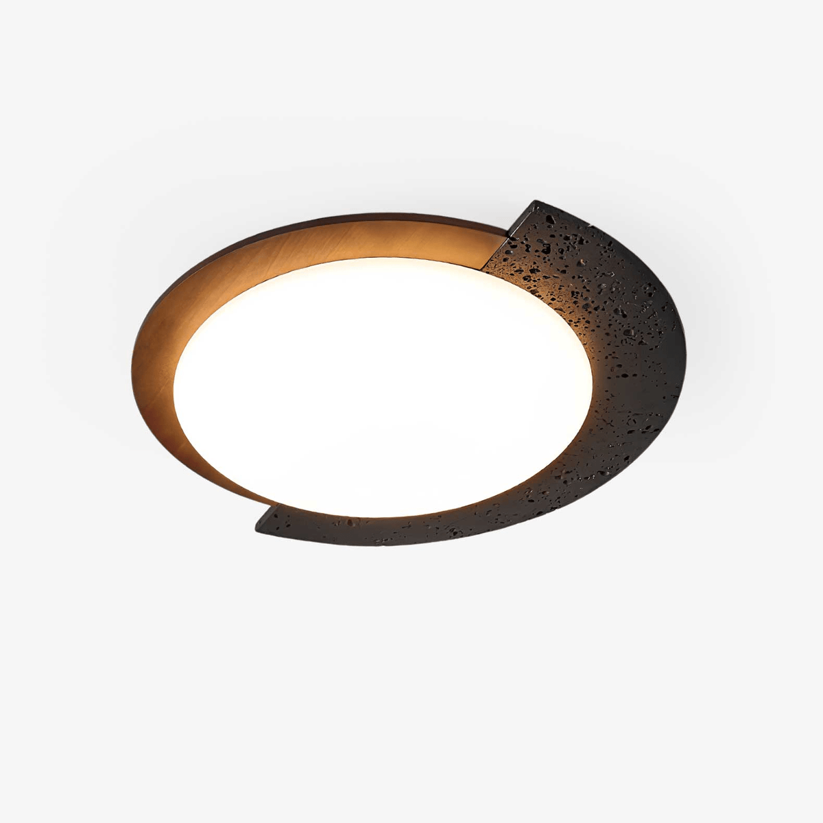 Black Travertine Ceiling Light with Walnut Accent – Modern Flush Mount LED