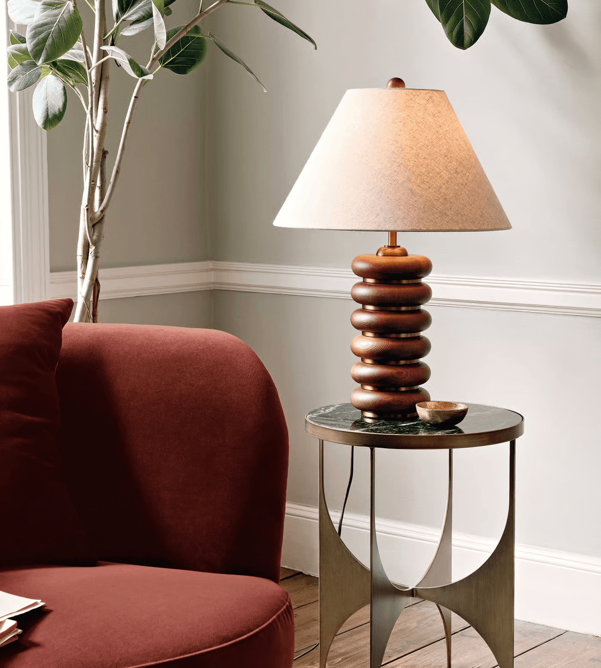 Greyson Table Lamp in Stained Oak and Antique Brass with Linen Shade