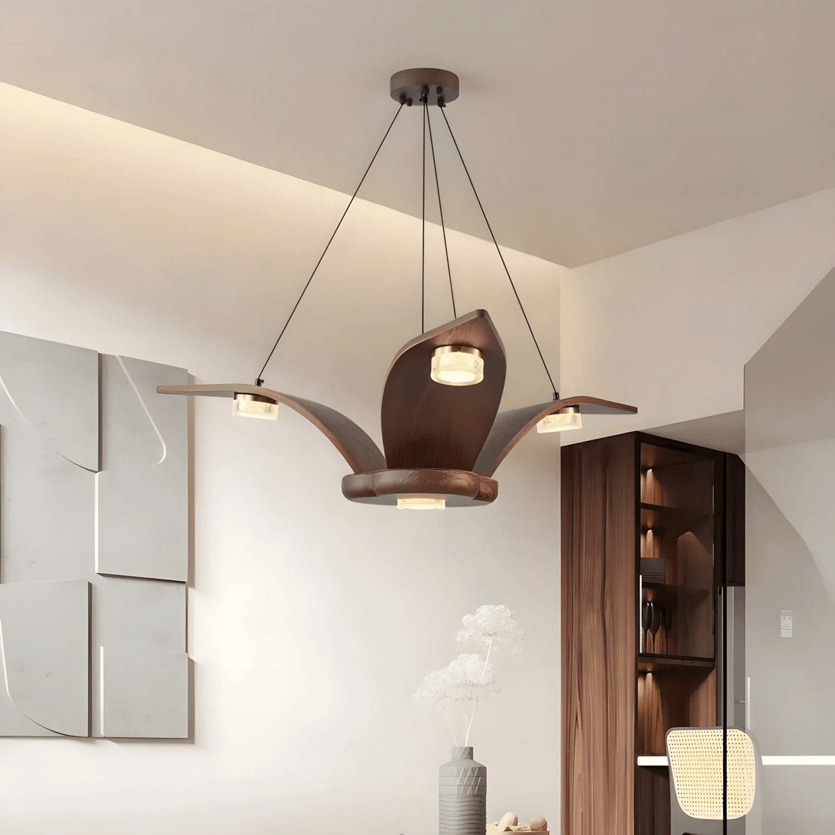 Flugi Modern Walnut Wood Chandelier with Crystal Glass and Gold Accents