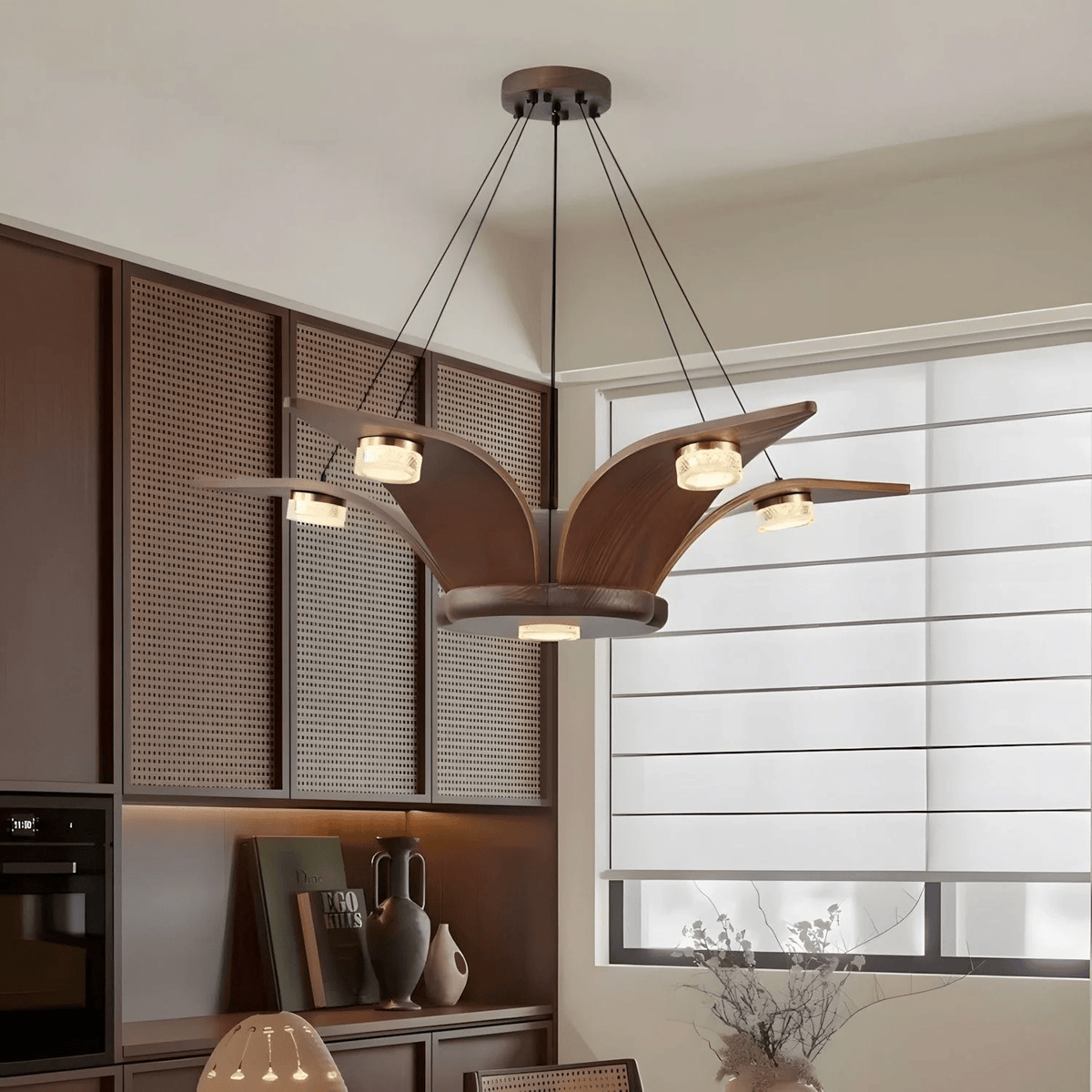 Flugi Modern Walnut Wood Chandelier with Crystal Glass and Gold Accents