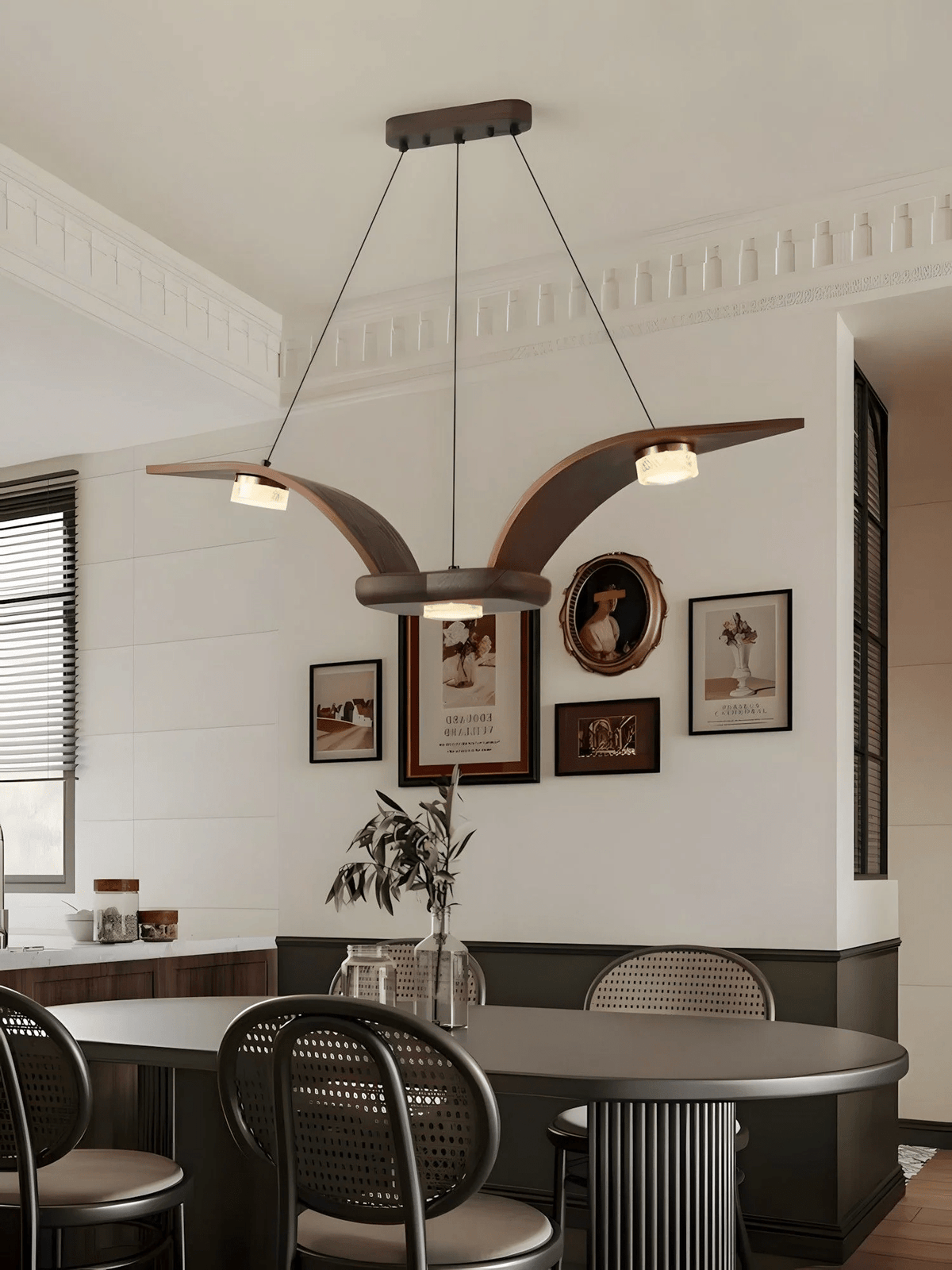 Flugi Modern Walnut Wood Chandelier with Crystal Glass and Gold Accents