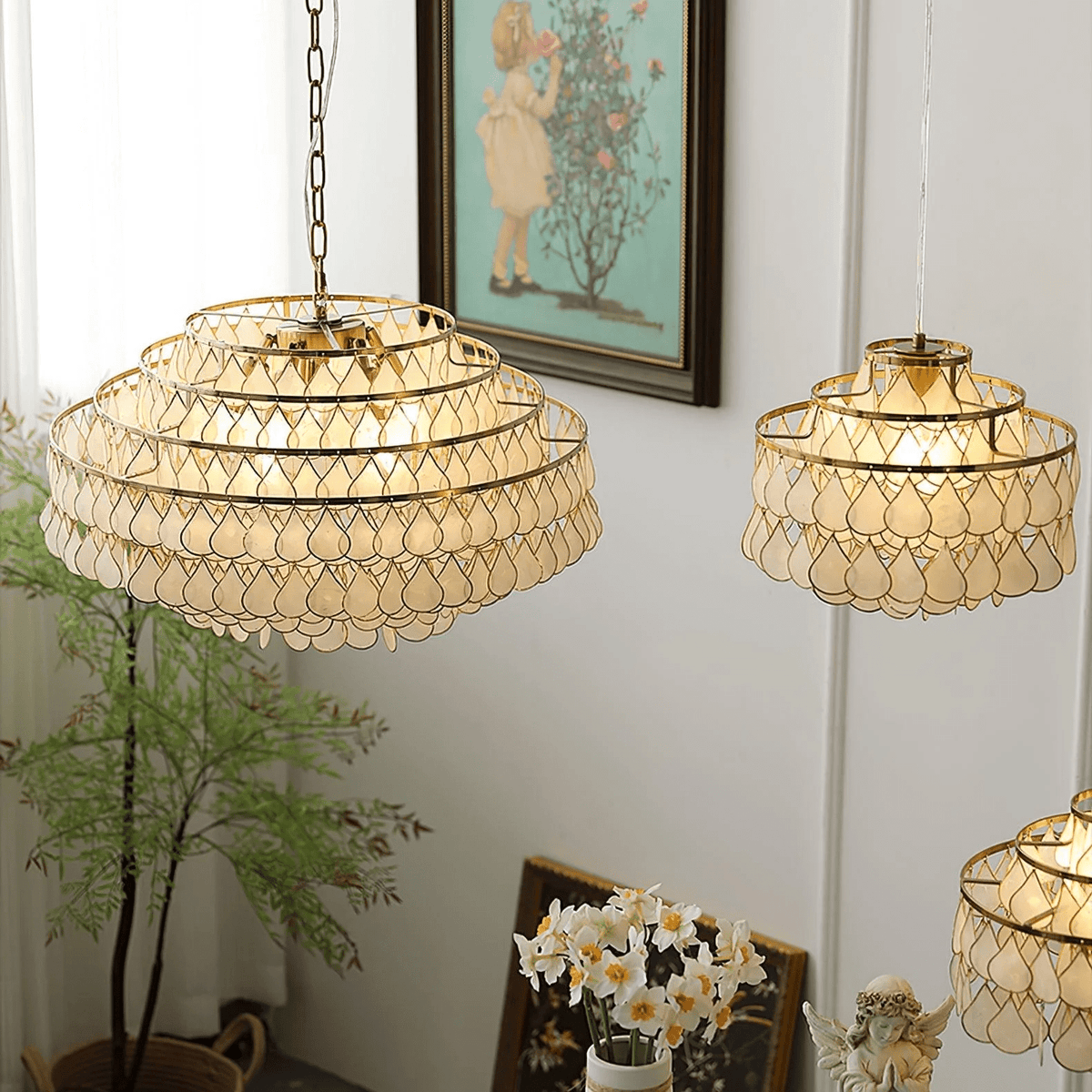 Teardrop Shell Chandelier in Gold Finish with Natural Shell Shades