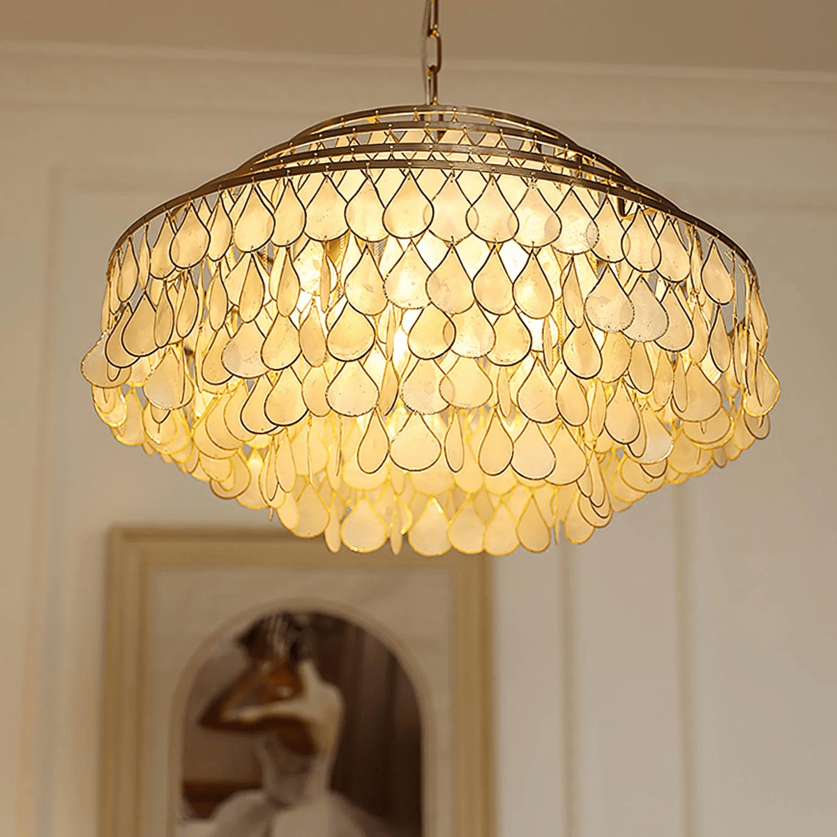 Teardrop Shell Chandelier in Gold Finish with Natural Shell Shades