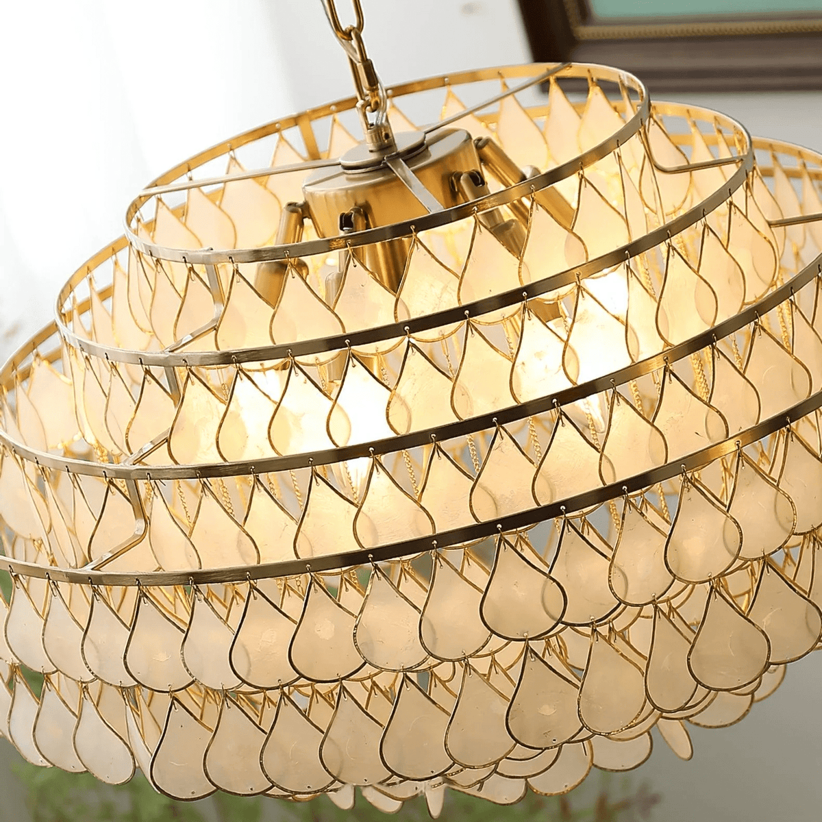 Teardrop Shell Chandelier in Gold Finish with Natural Shell Shades