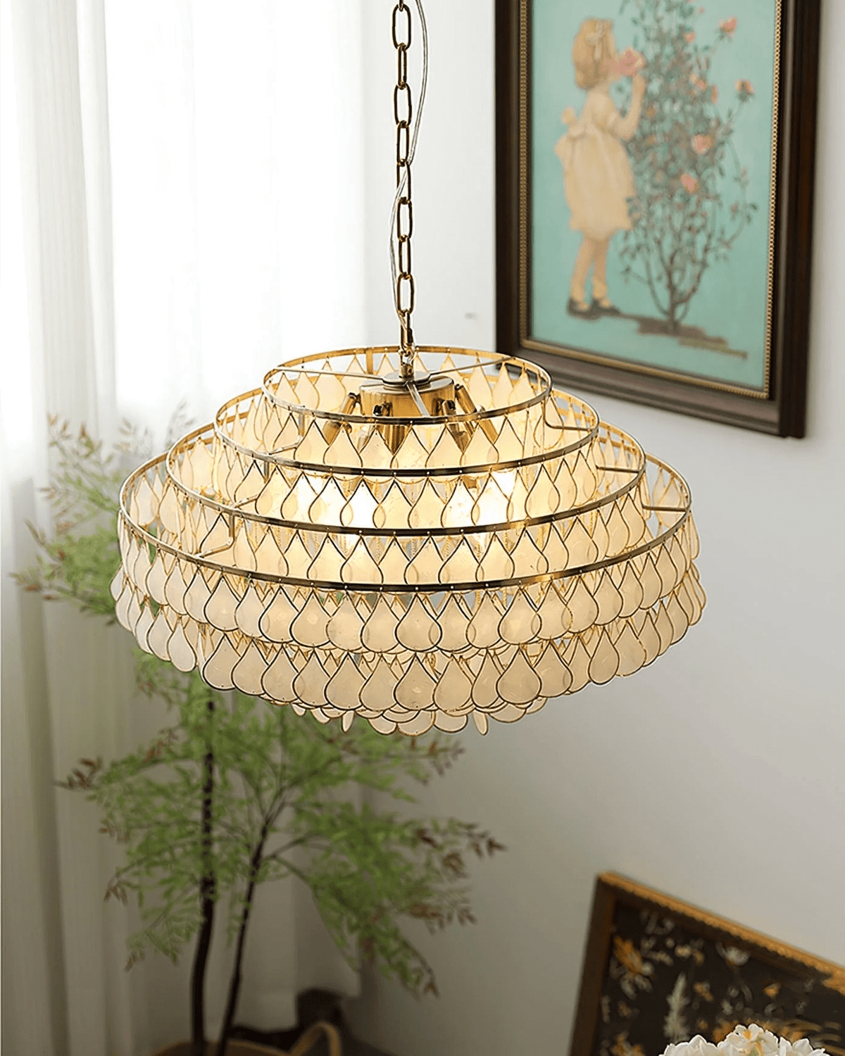 Teardrop Shell Chandelier in Gold Finish with Natural Shell Shades