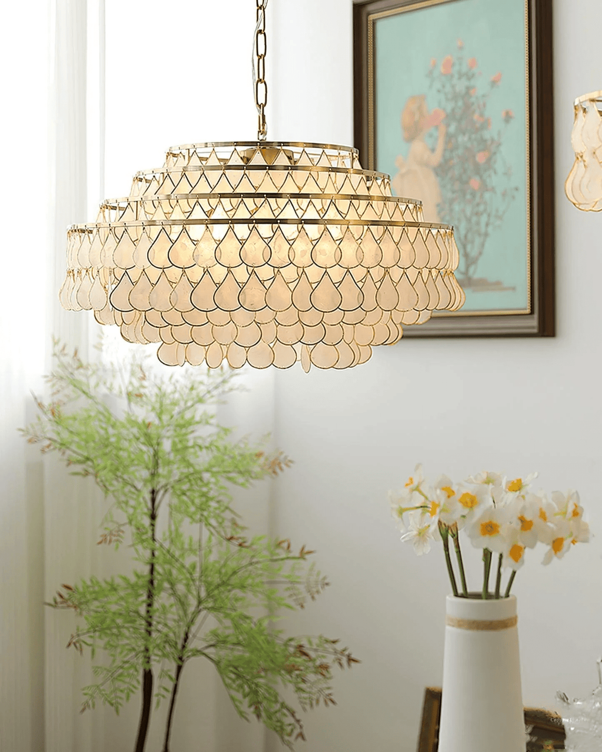 Teardrop Shell Chandelier in Gold Finish with Natural Shell Shades
