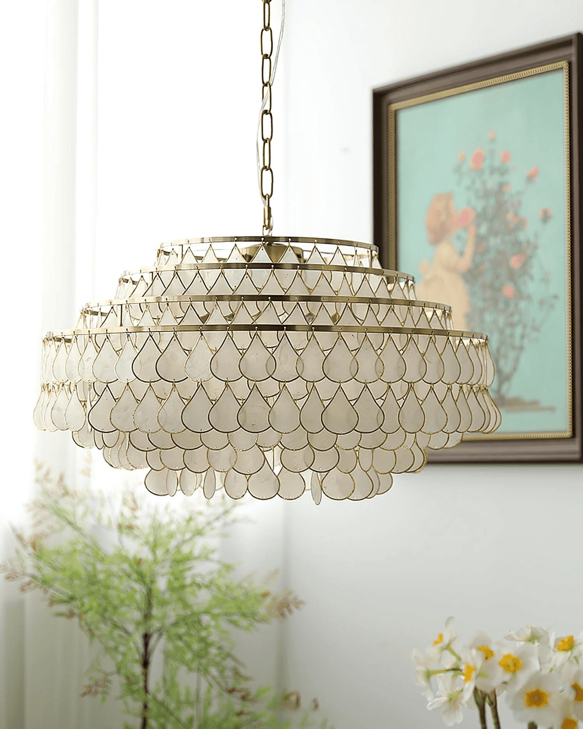 Teardrop Shell Chandelier in Gold Finish with Natural Shell Shades