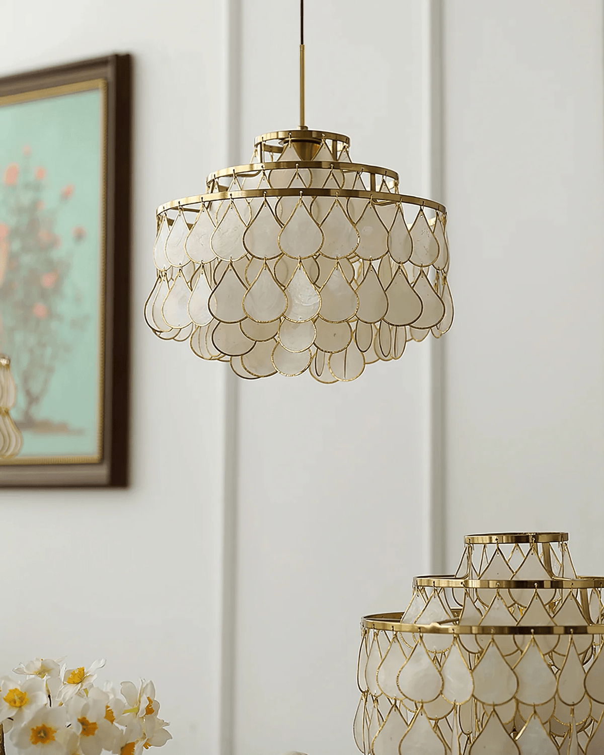 Teardrop Shell Chandelier in Gold Finish with Natural Shell Shades