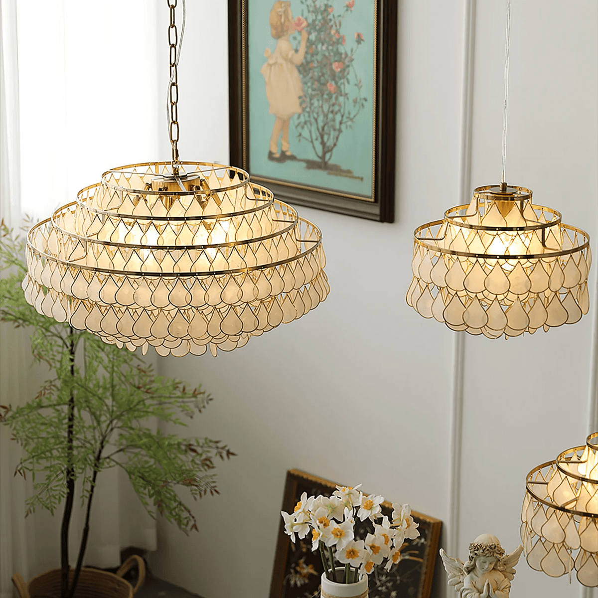 Teardrop Shell Chandelier in Gold Finish with Natural Shell Shades