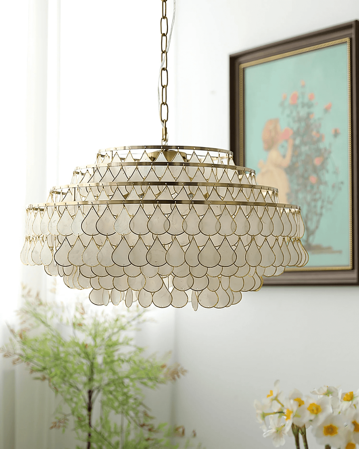 Teardrop Shell Chandelier in Gold Finish with Natural Shell Shades