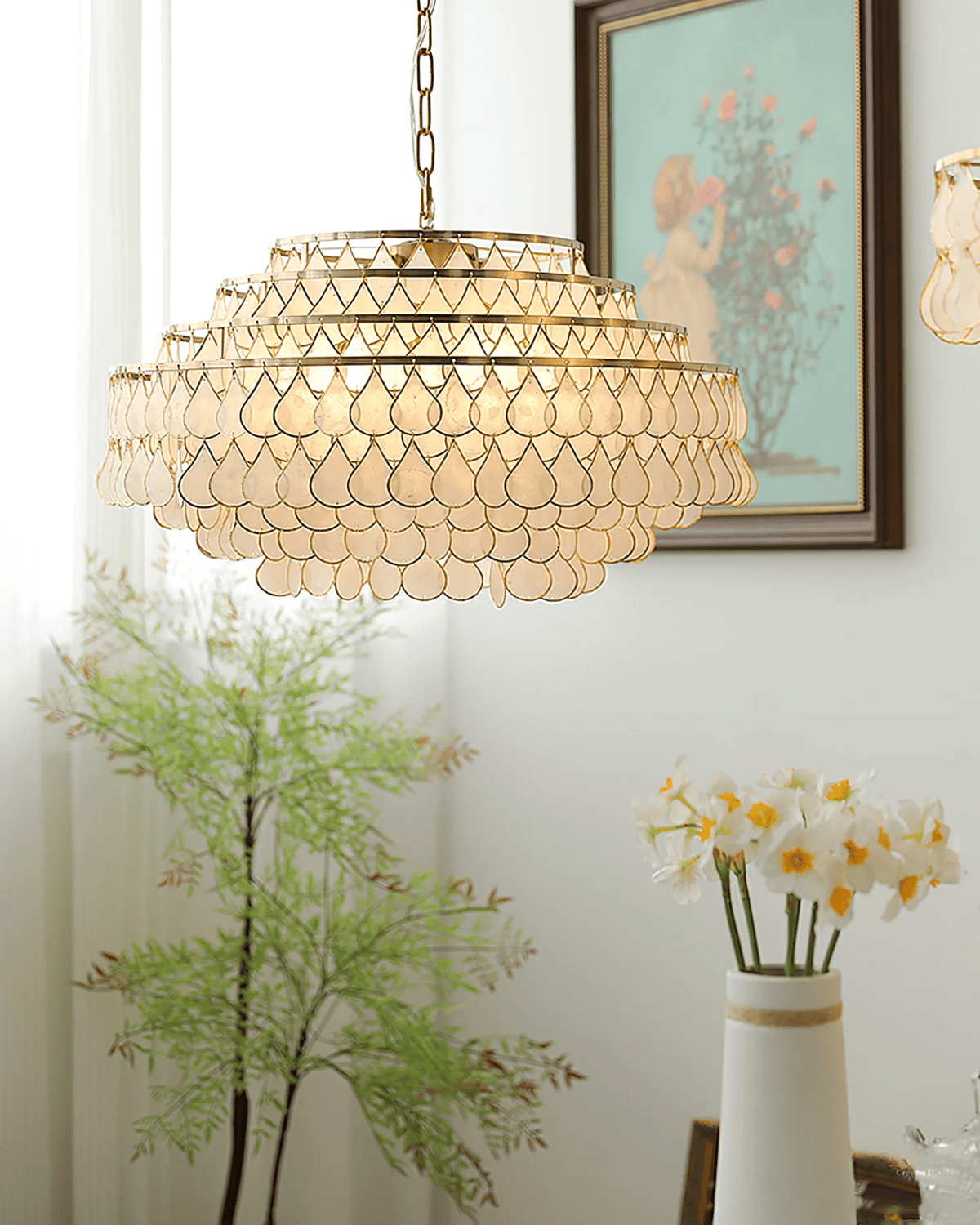 Teardrop Shell Chandelier in Gold Finish with Natural Shell Shades
