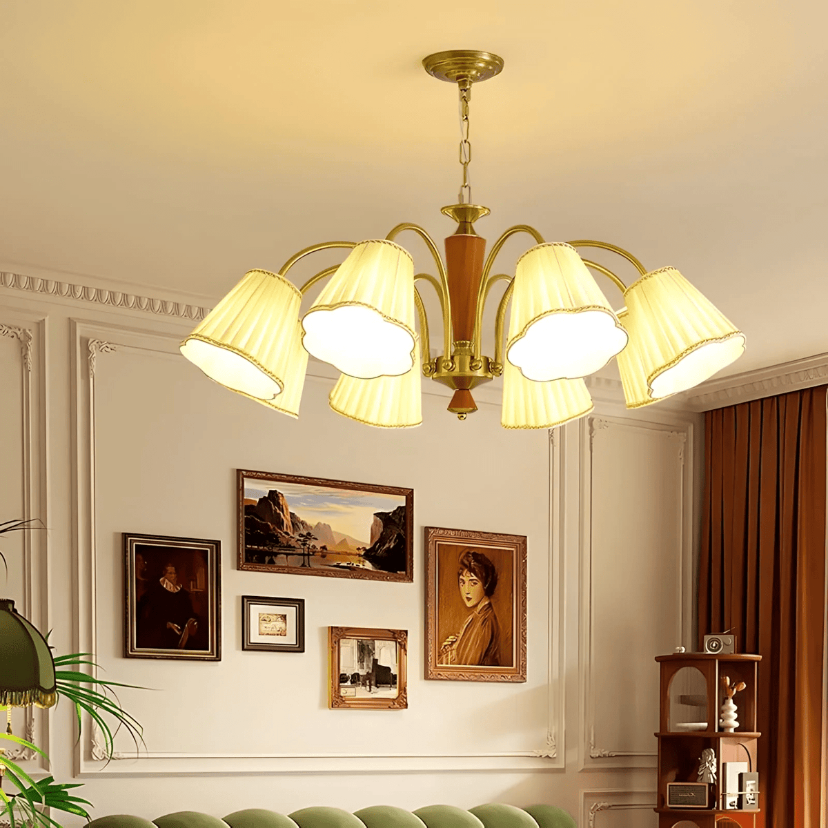 Bellora Bloom Floral Fabric Chandelier with Gold and Walnut Accents