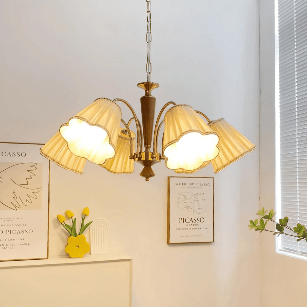 Bellora Bloom Floral Fabric Chandelier with Gold and Walnut Accents