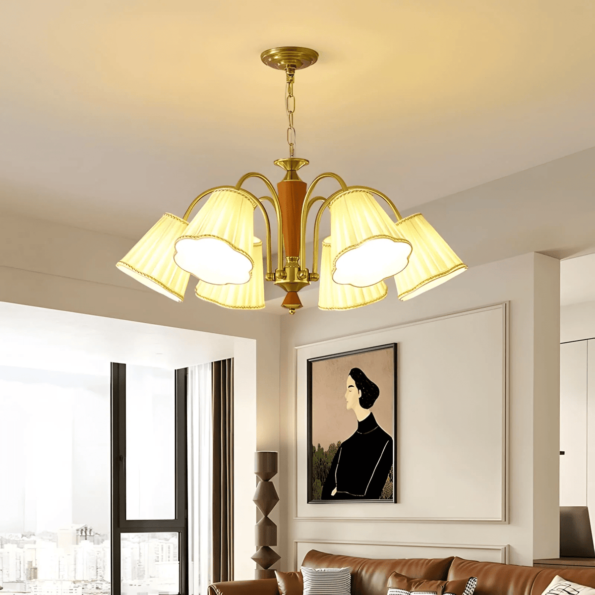 Bellora Bloom Floral Fabric Chandelier with Gold and Walnut Accents
