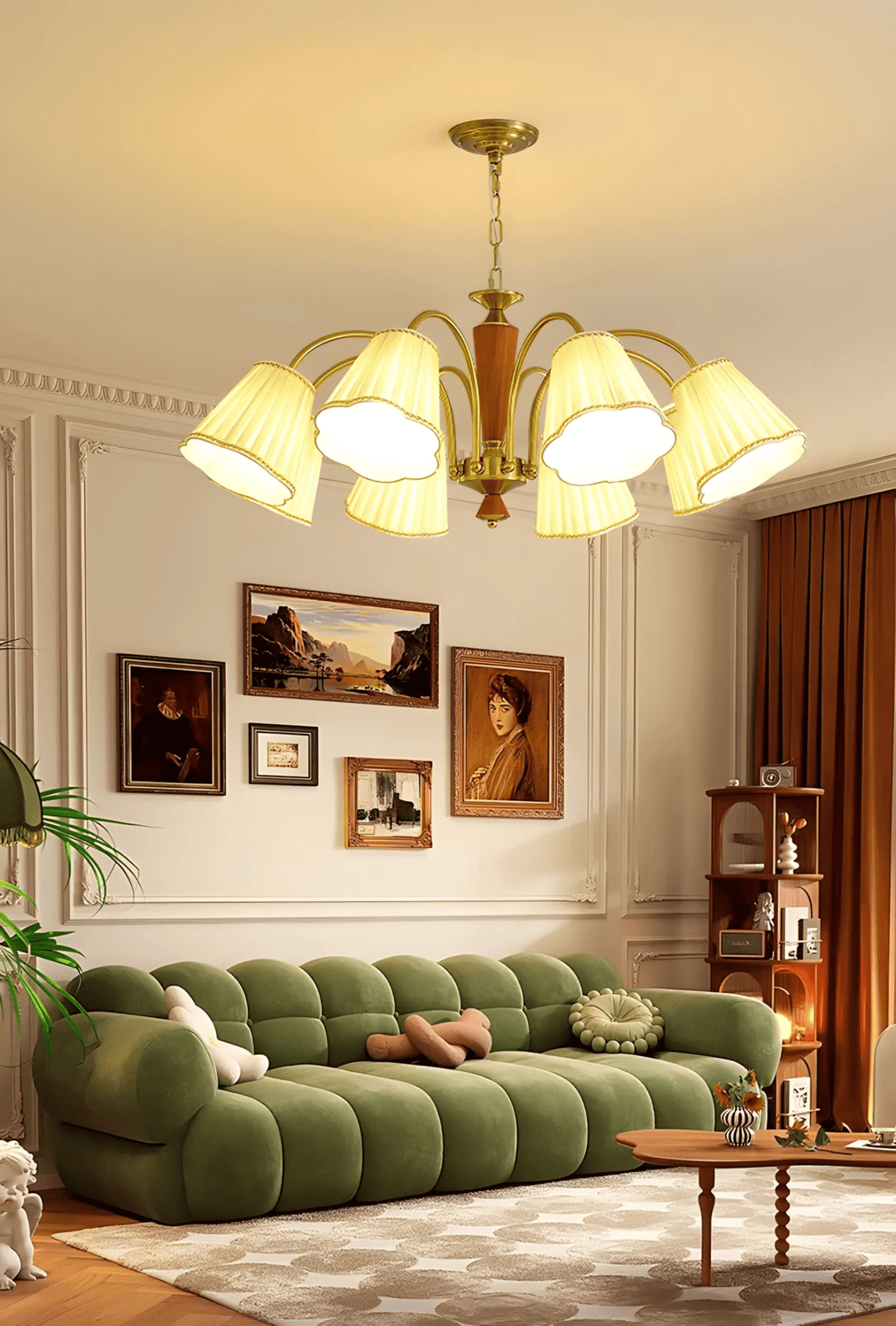 Bellora Bloom Floral Fabric Chandelier with Gold and Walnut Accents