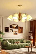 Bellora Bloom Floral Fabric Chandelier with Gold and Walnut Accents