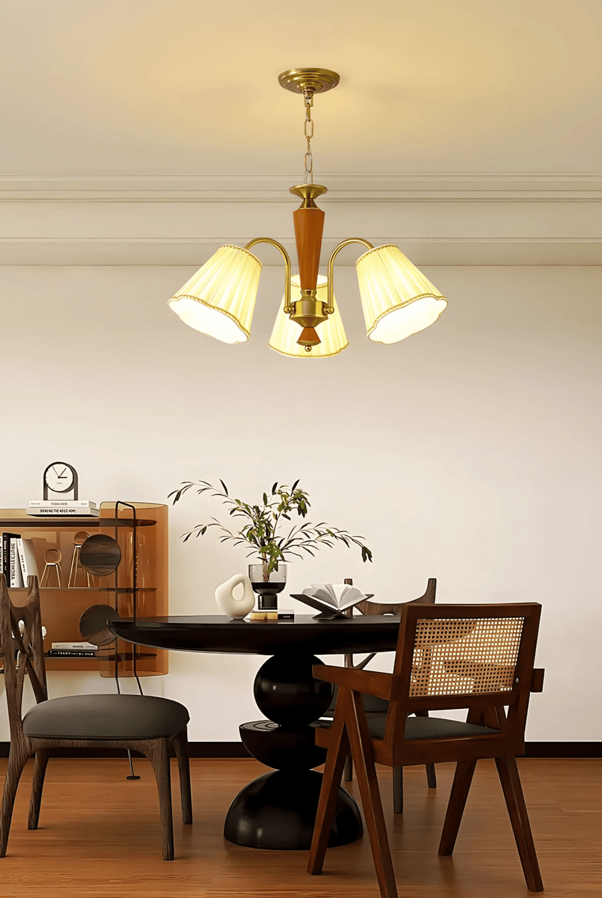 Bellora Bloom Floral Fabric Chandelier with Gold and Walnut Accents