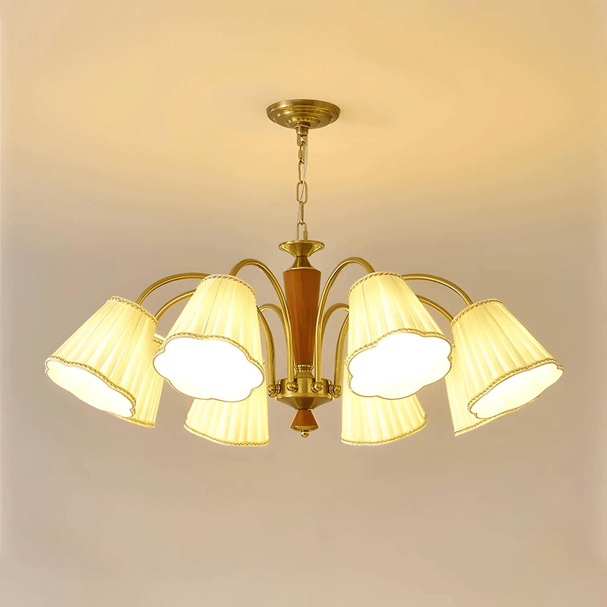 Bellora Bloom Floral Fabric Chandelier with Gold and Walnut Accents