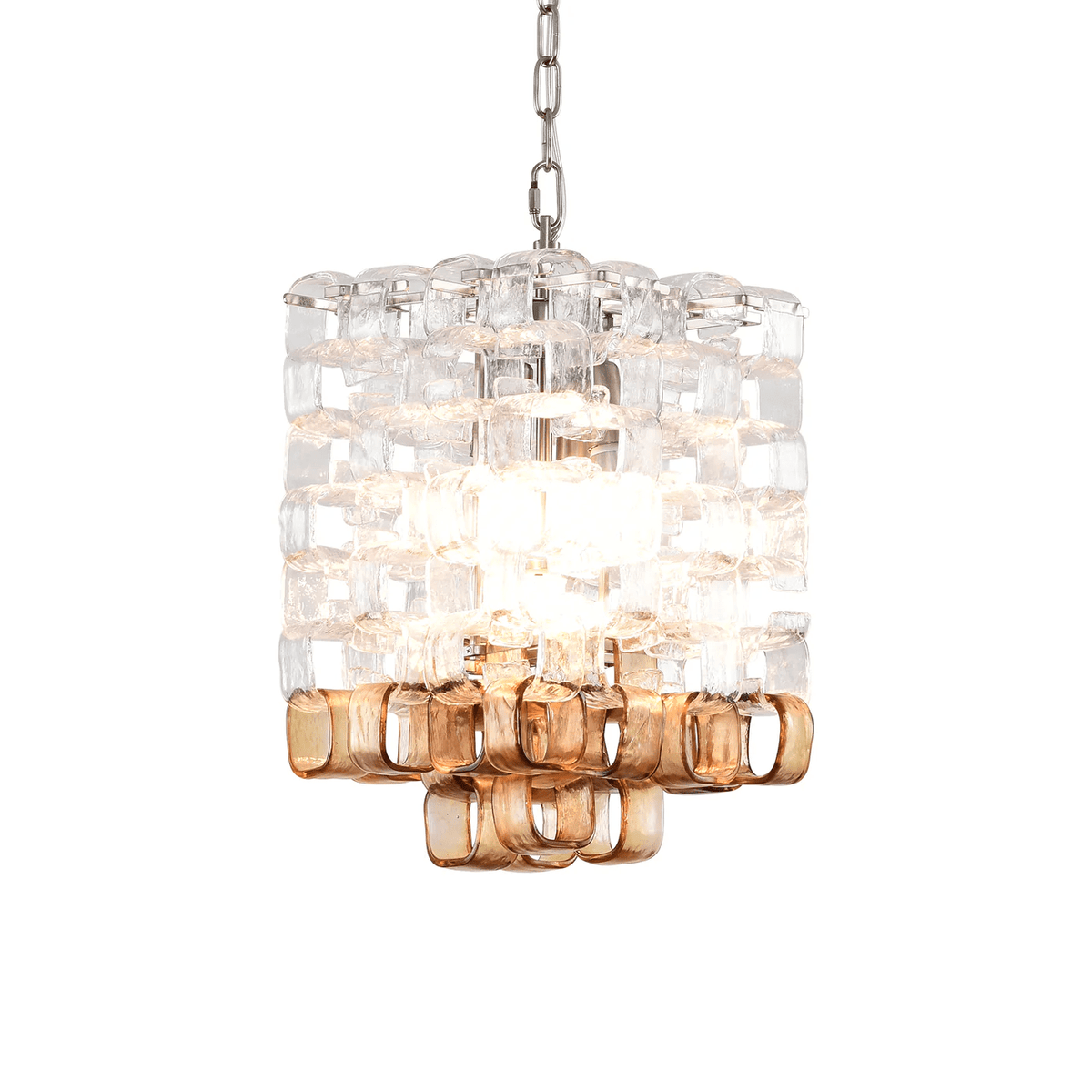 Interlocking Glass Chandelier with Amber Cups and Chrome Frame