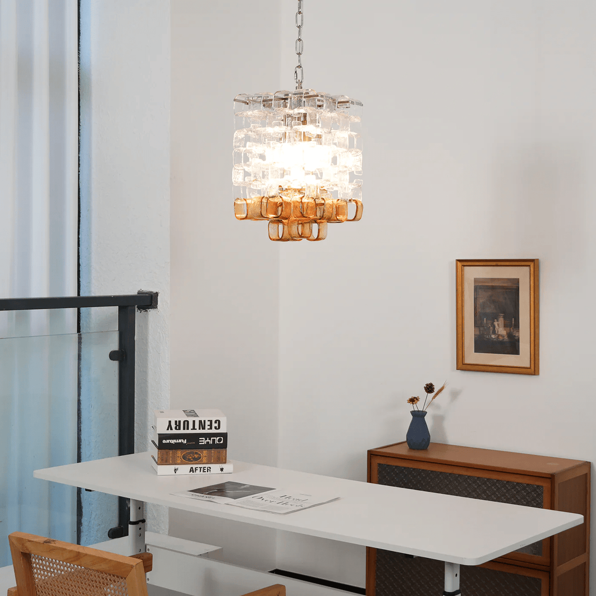Interlocking Glass Chandelier with Amber Cups and Chrome Frame