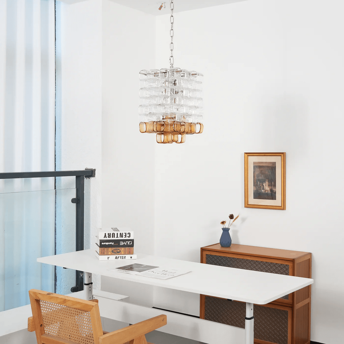 Interlocking Glass Chandelier with Amber Cups and Chrome Frame